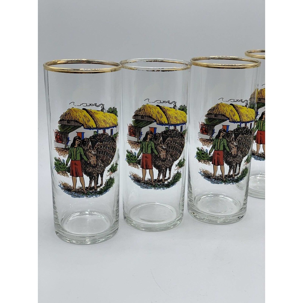 Vintage MCM Barware Water Cocktail Highball Glasses Donkey Villager Motif Set 6